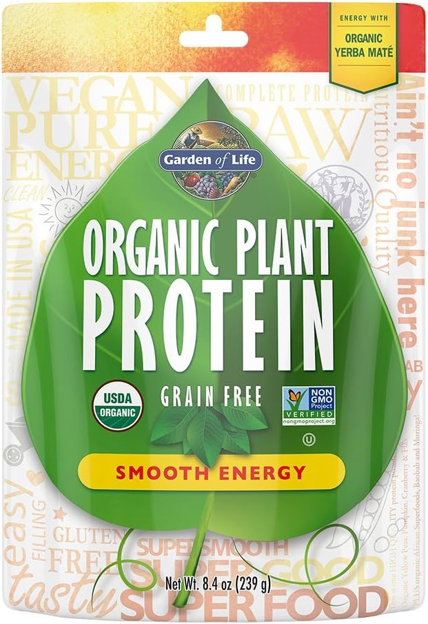 Polvere di energia di limooth delle proteine vegetali organiche del giardino di vita, 10 Serve - Vegan, Grain Free & Gluten Free Plant Based Protein Shake con Yerba Mate, Vitamina B12, Probiotici & Enzimi, 15g Protein