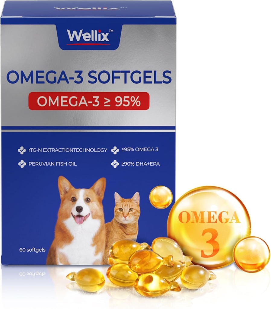 Wellix Pure Omega 3 Fish Oil per cani e gatti, supplemento di pelle e cappotto per spargimento, promuove cuore, pelle, cappotto, Joint, & Immune Health, Oltre 95% Omega 3, Ricco in EPA + DHA, 60 Softgels