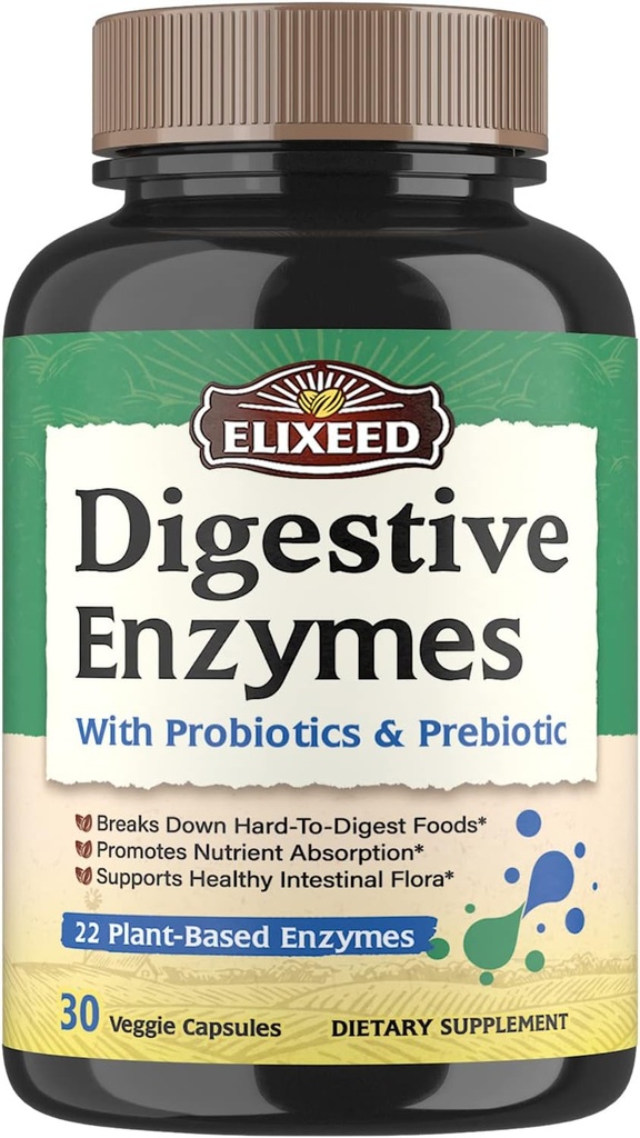Enzimi digestivi Plus Probiotics & Prebiotics, 22 enzimi digestivi con Amylase, Protease, Lattasi & More, Forza massima, per Digestione sana, Vegan, Non OGM, 30 Caps