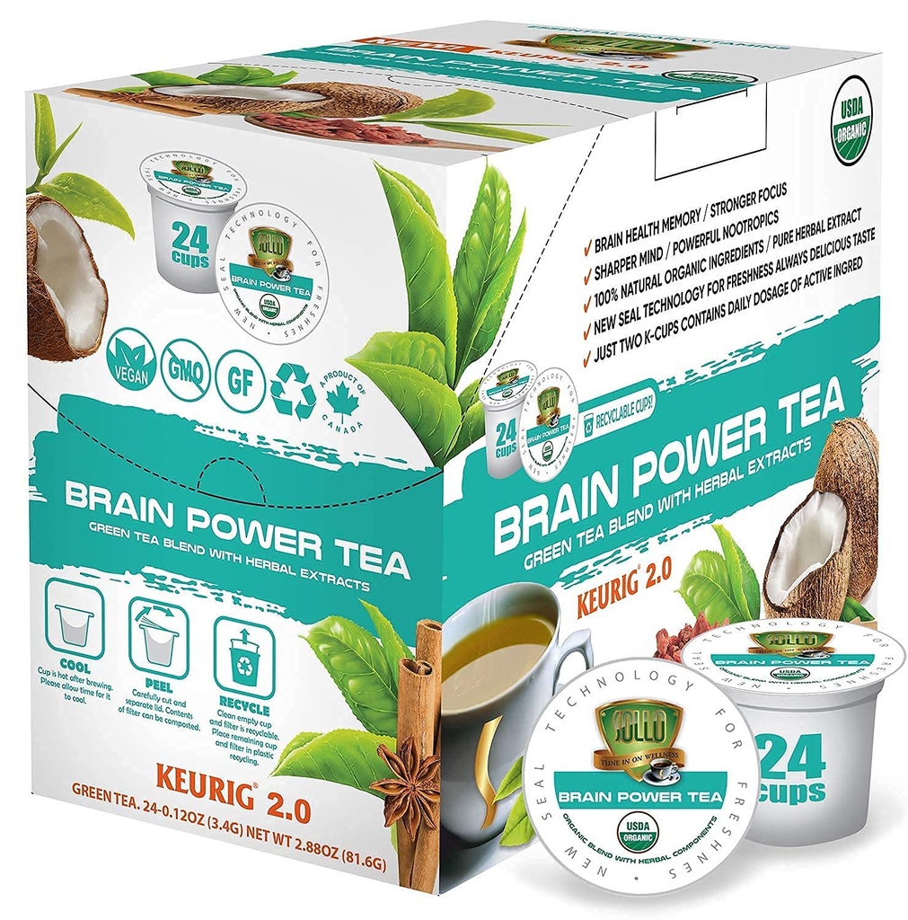 SOLLO Brain Power Organic Green Tea Pods con MCT, Acai e nutrizione essenziale, Nootropic Brain Booster- Migliora la memoria e messa a fuoco Compatibile con 2.0 K-Cup Keurig Brewers, 24 Ct