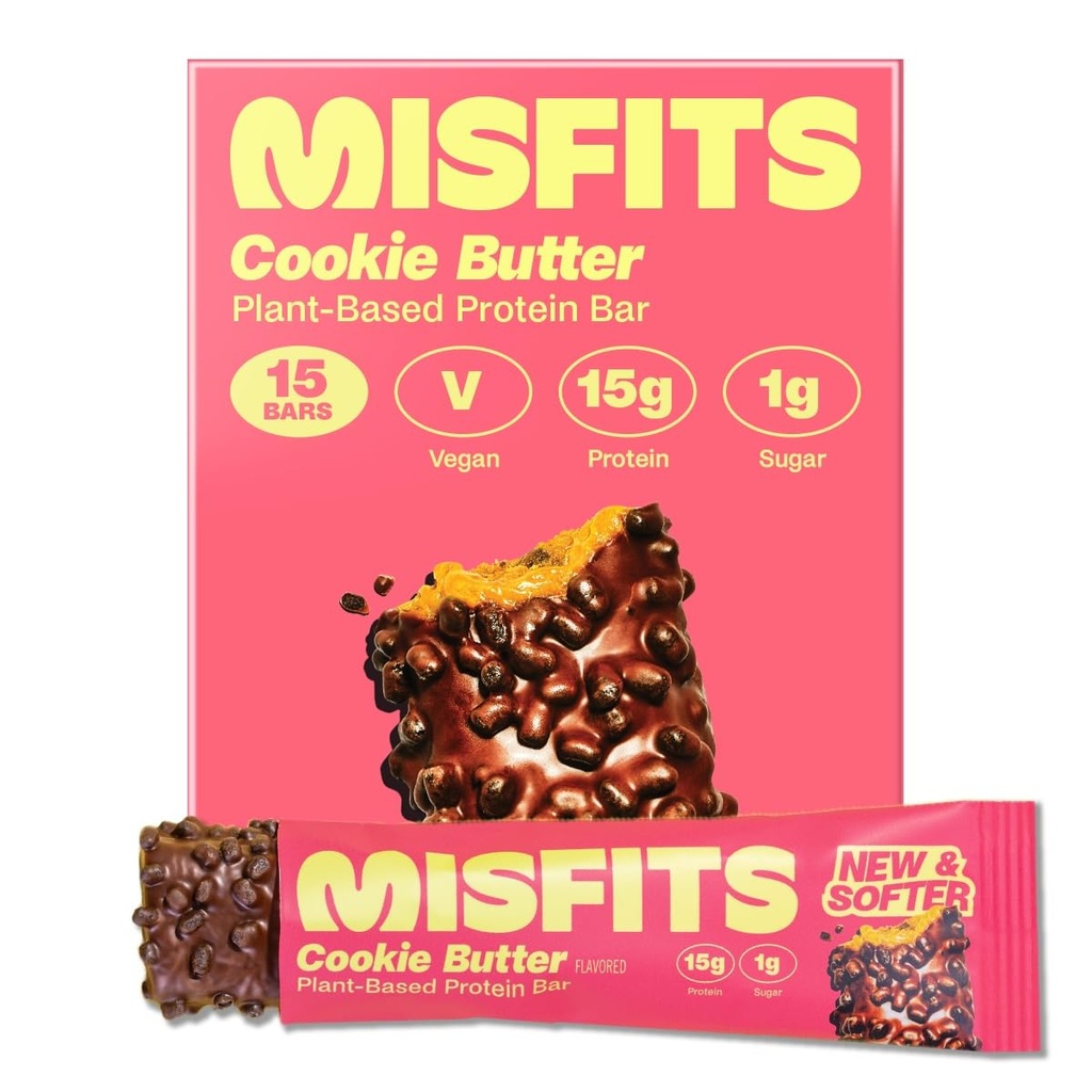Misfits Vegan Protein Bars, Cookie Butter - Ricetta aggiornata | Plant Based, Low Sugar & Carb, Spuntini ad alta fibra | Confezione di 15