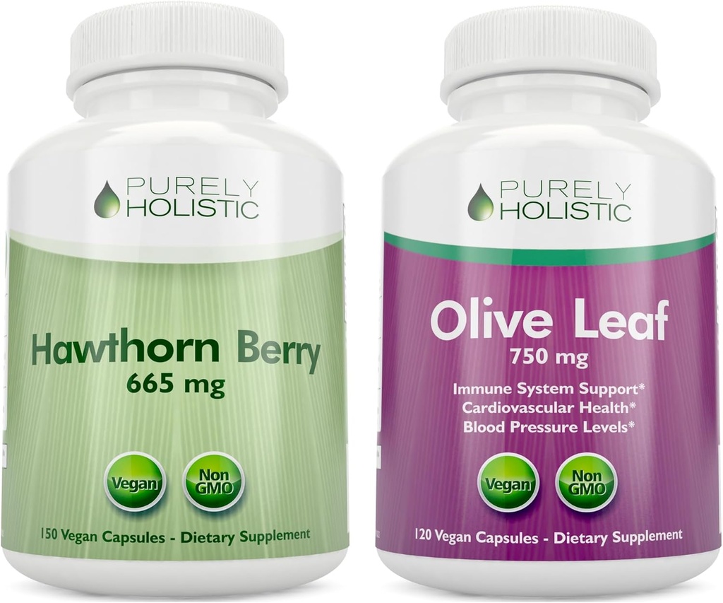 Pure Holistic Hawthorn Berry 665mg + Estratto di foglie di oliva 750mg Bundle + 270 Vegan Capsule - Made in the USA