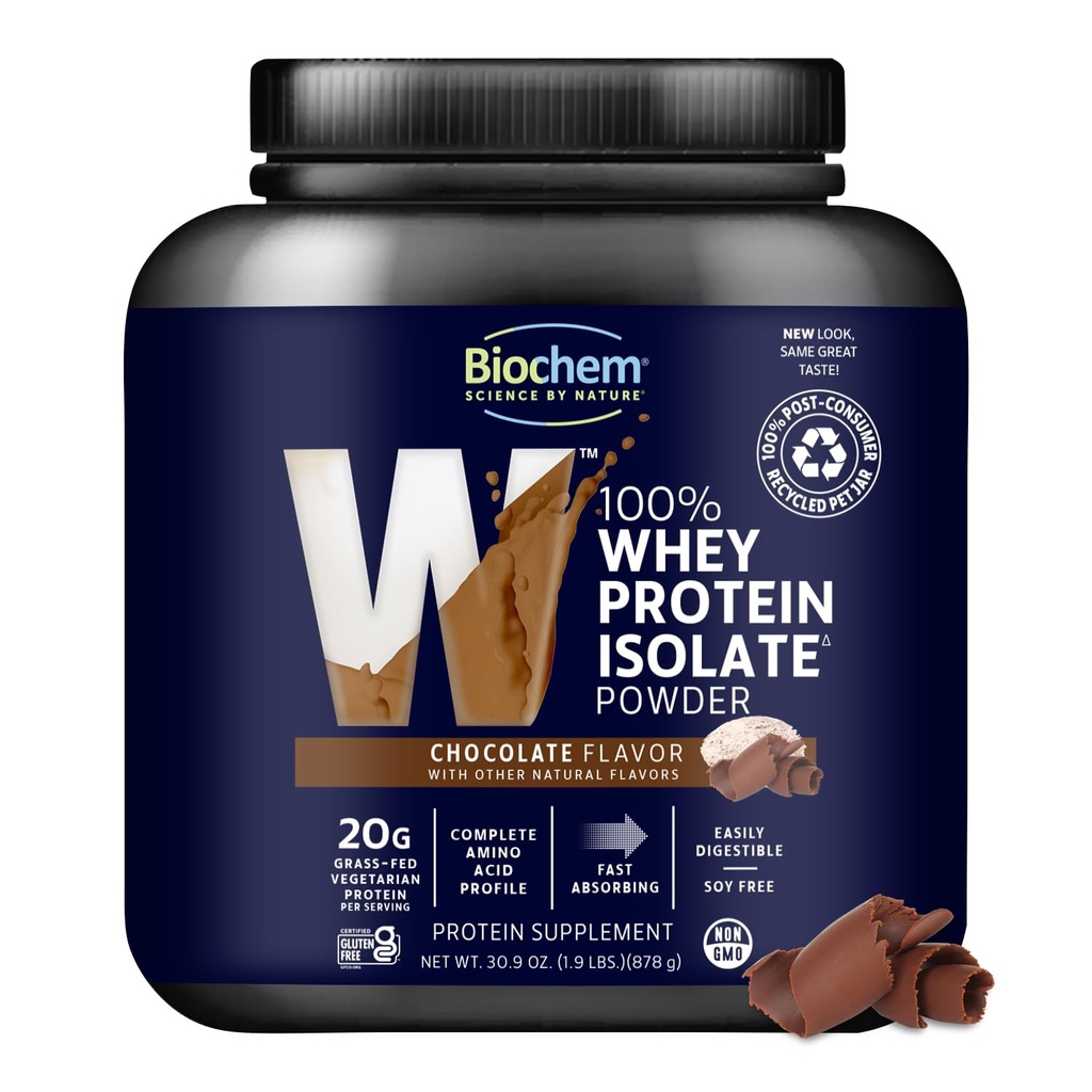 Biochem 100% Whey Isolate Protein Powder, Chocolate Flavor, 20g Grass-Fed Protein, Keto Friendly, Gluten Free, Vegetariano, Facilmente Digeribile, 30.9 oz, 28 Serve