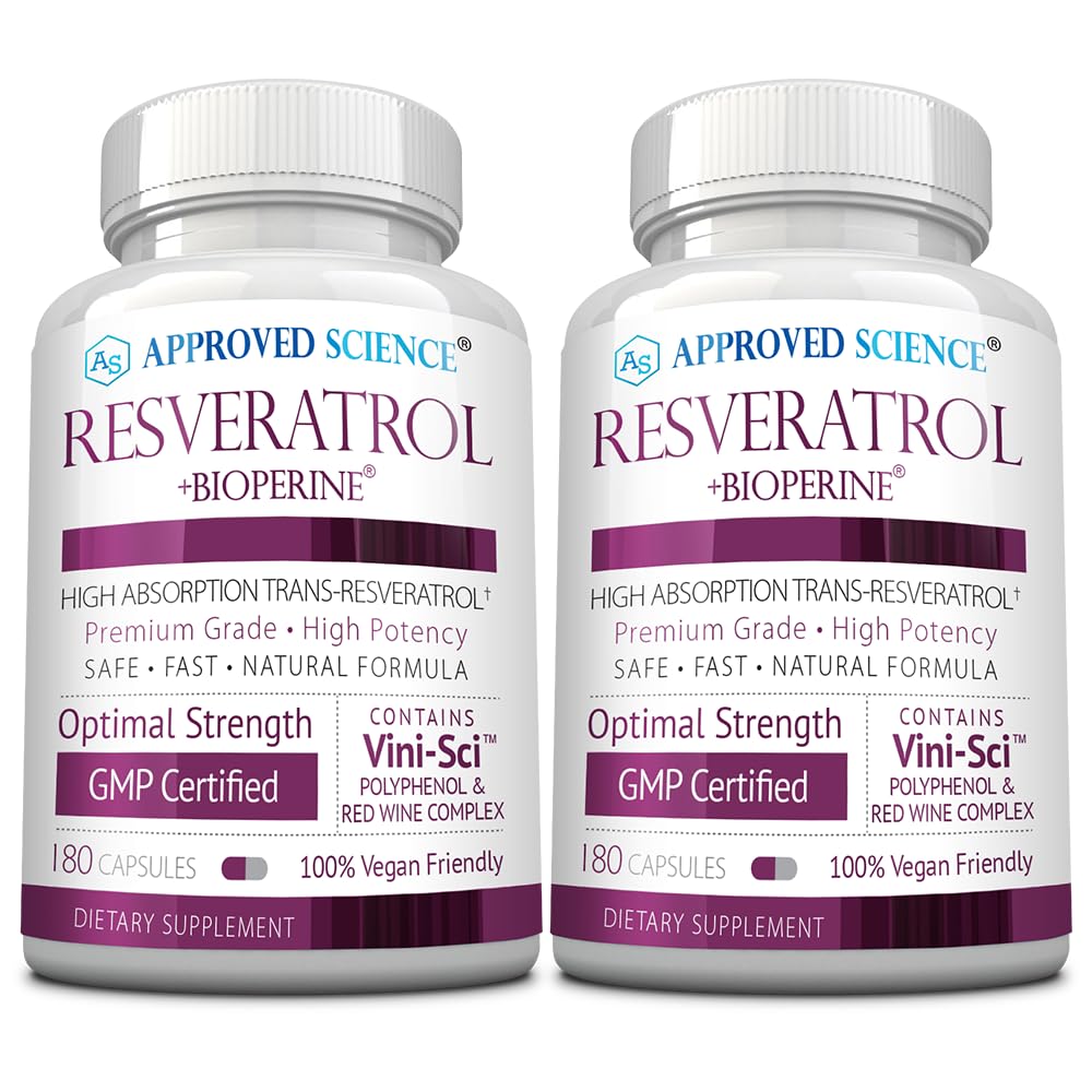 Approvato Science® Resveratrolo - 1000 mg di Trans Resveratrolo - 250 mg di Polyphenol - 98% di purezza Livello - Include Bioperine® - 380 Vegan Friendly Capsules - 2 bottiglie
