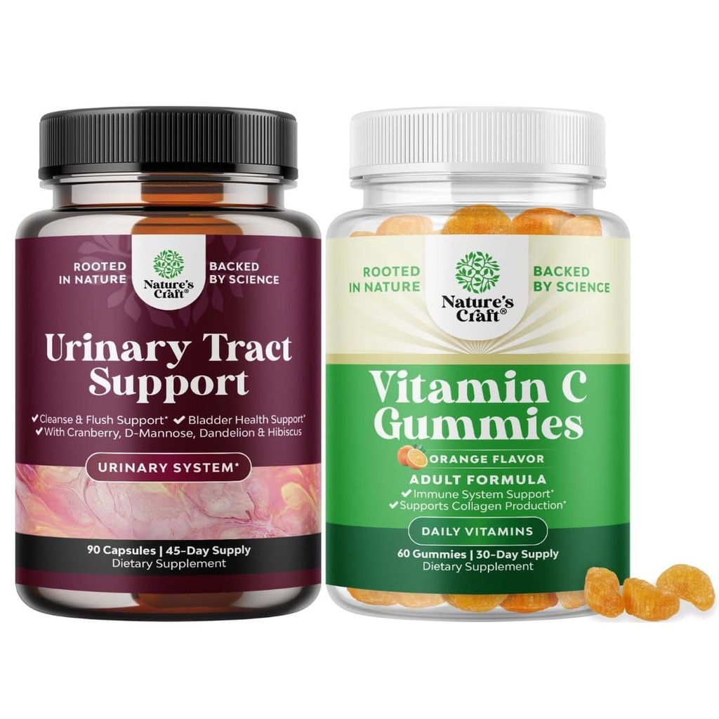 Bundle di D Mannose Capsule per la salute del tratto urinario per le donne che agiscono rapidamente Super Concentrato Cranberry 90ct e Chewable Vitamin C Gummies per gli adulti - Halal Vitamin C Immune Support Gummies