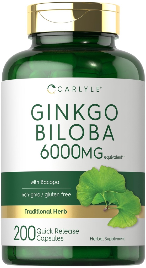 Carlyle Ginkgo Biloba Pills | 6000mg | 200 capsule | con estratto di Bacoba | Extra Forza, Non OGM e Gluten Free Herbal Supplement