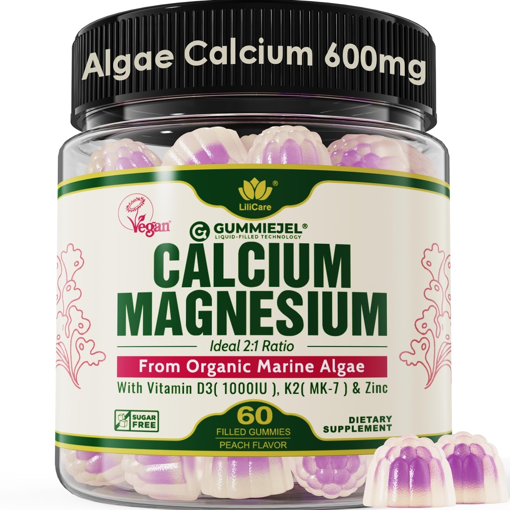 Gummie di calcio a base vegetale 600mg con vitamina D3 K2, Magnesio, Zinco per la Forza di Bone, Integratori di calcio senza zucchero per le donne e gli uomini (Certified Vegan) da Alghe rosse sostenibili - 60 Conti