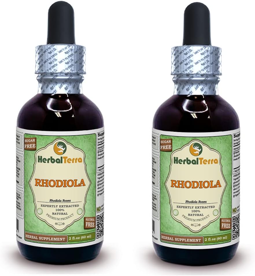 Rhodiola (Rhodiola Rosea) Glycerite, Estratto di liquido privo di alcol (Nome: HerbalTerra, Proudly Made in USA) 2x2 fl.oz (2x60 ml)