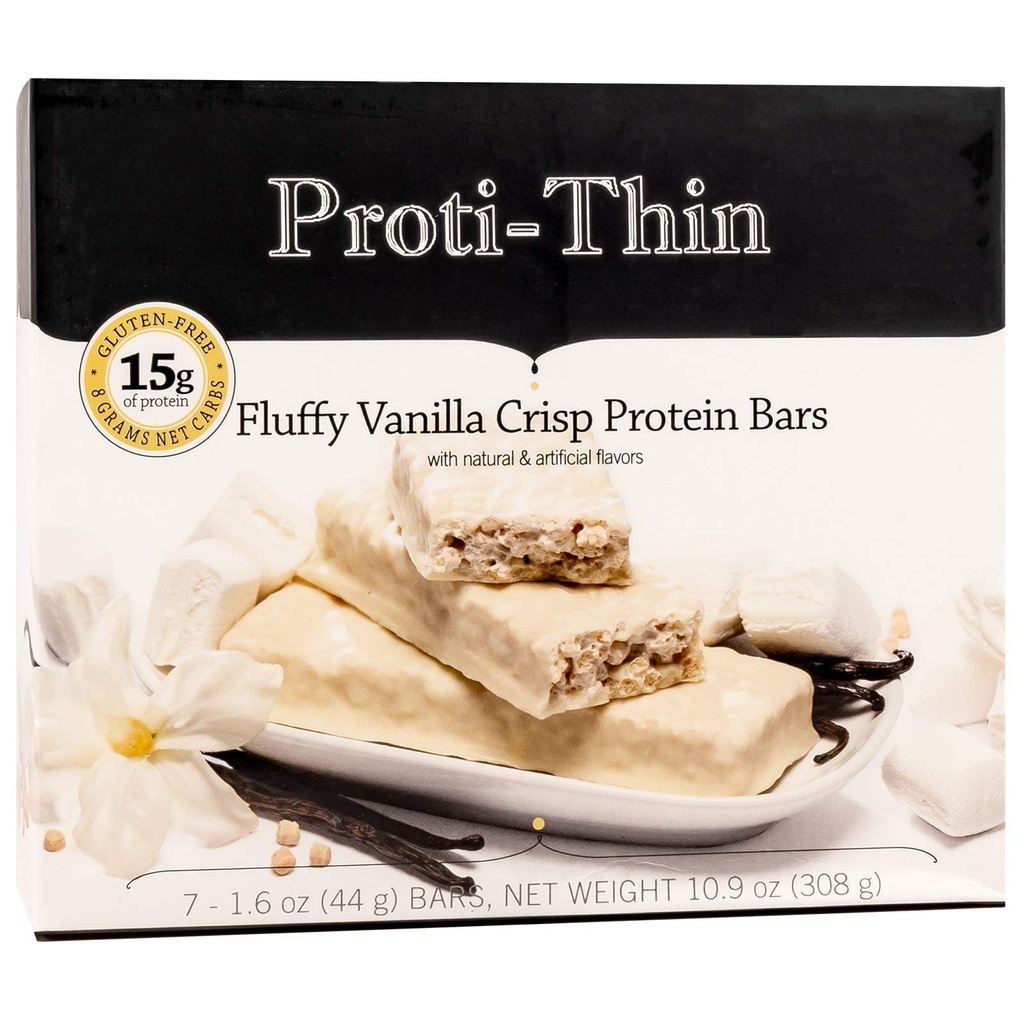 Proti-Thin Fluffy Vanilla Crisp Protein Bar, 15g Protein, Bassa Calorie, Carb Molto Basso (VLC), Basso Grasso, High Fiber Snack Bar, KETO Diet Friendly, Proteine Ideale Compatibili, Senza Gluten Ingredienti, 7 /Box