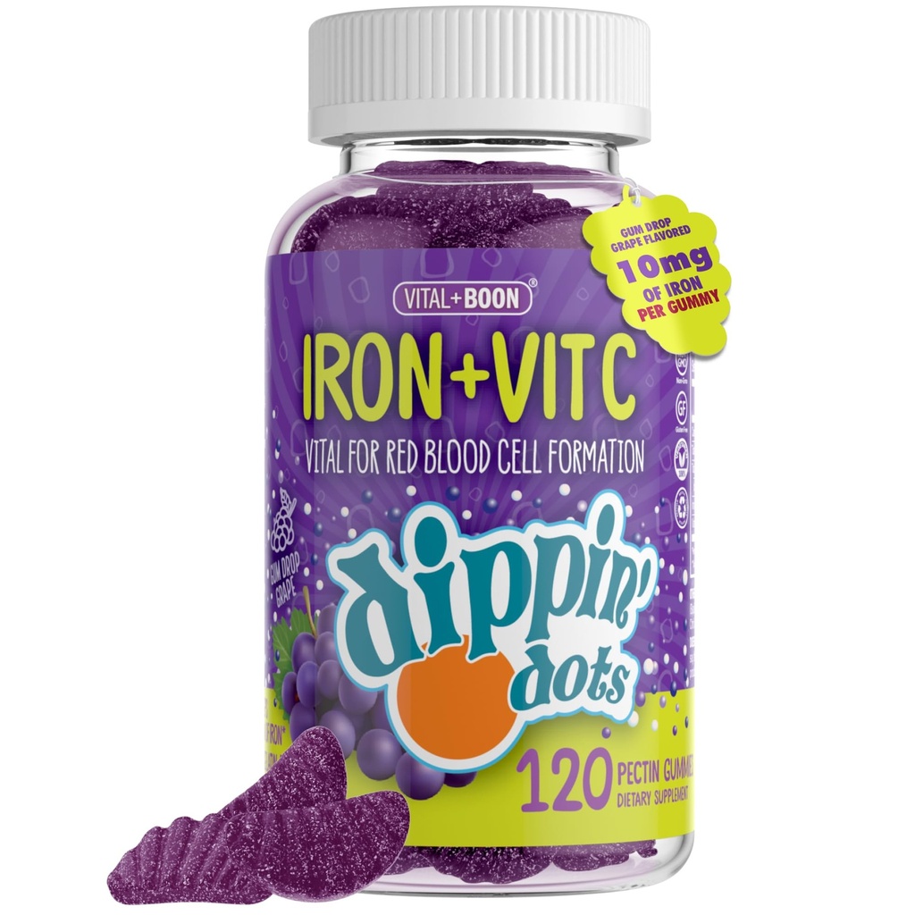 Iron with Vitamin C & B12 Gummies (120 Count) Vital for Red Blood Cell Formation | Goccia di goccia di goccia d'uva Integratori di frutta della | Vegan, Non OGM, Gluten Free & Gelatin Free