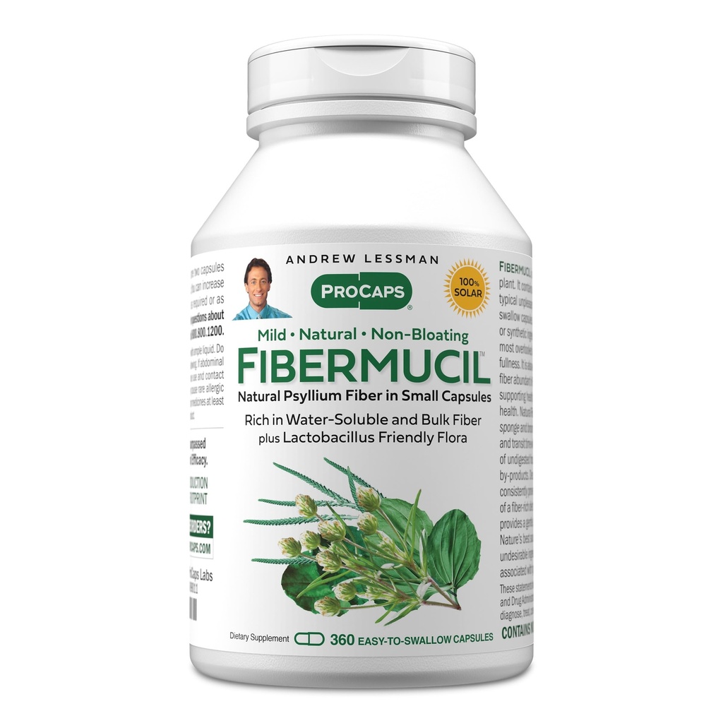 ANDREW LESSMAN Fibermucil 360 capsule -Psyllium Husk Powder. Promuove delicatamente la regolarità e la salute digestiva. Ricco di fibre. Gentle, facile, efficace. Niente additivi. Piccolo facile da ingoiare capsule