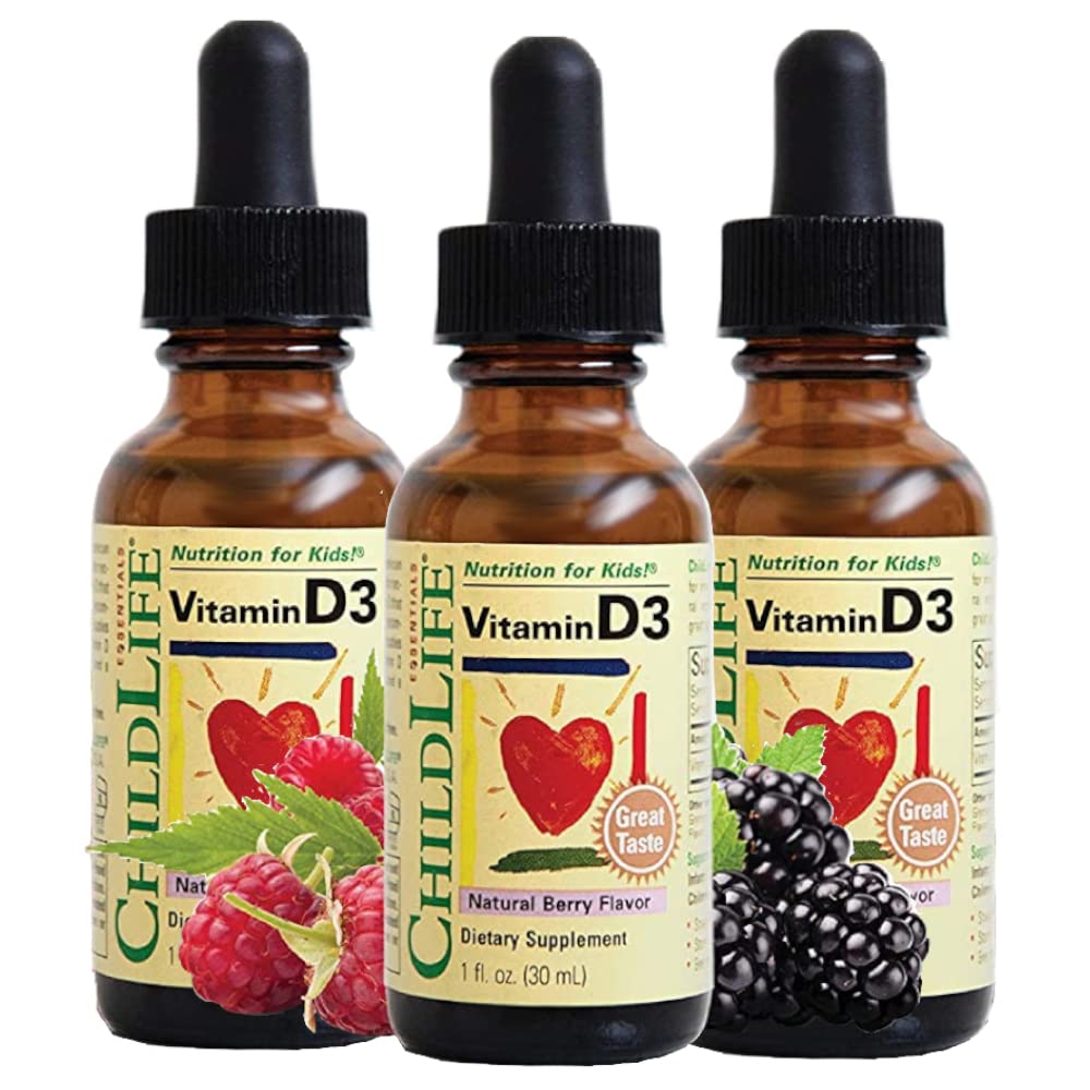 Vitamina D3 Gocce - Gocce di vitamina D per neonati, Gocce di vitamina D per bambini, Gocce di vitamina D per bambini, Vitamina D liquido per bambini, Bambini 1-3, Bambini, 500 IU per porzione - Berry naturale, 1 Fl Oz (Pack of 3)