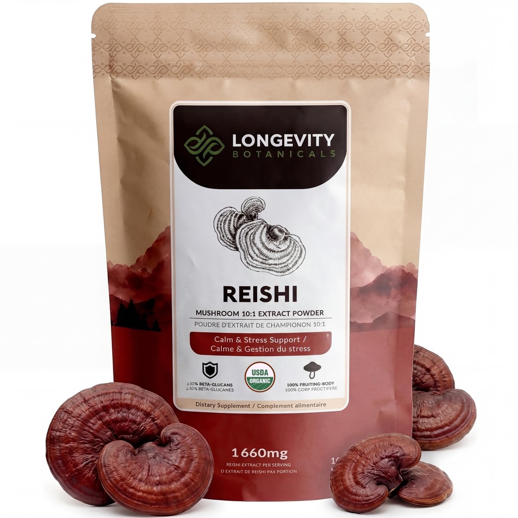Longevity Botanicals Organic Reishi Mushroom Extract Powder 100g | Concentrato 10:1 Ratio | 100% Fruiting Bodies | Lingzhi (Ganoderma lucidum) Integratore naturale per Immune, Stress & Sleep Support