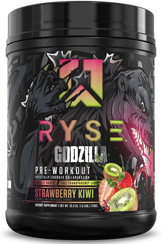 RYSE Godzilla X Noel Deyzel Pre Workout Powder - Strawberry Kiwi - 400mg Caffeina, High Stim Pre-Workout per Uomini e Donne con Citrulline & Beta Alanine - Energy, Pump & Focus - 20/40 Servings