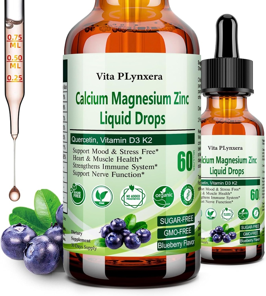 Zinco di magnesio di calcio, Citrato di magnesio di calcio liquido con vitamina D3 K2, B6, Omega-3, Gocce di calcio di magnesio liquido ad alta potenza w. Integratore di erbe per Bone, Muscolo, Rilassamento, Sonno, Nerve