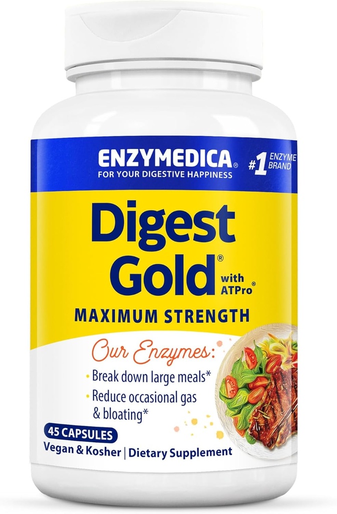 Enzymedica Digest Gold + ATPro, Enzimi digestivi di massima resistenza, aiuta a digerire grandi pasti per il sollievo di Bloating istantaneo, 45 capsule