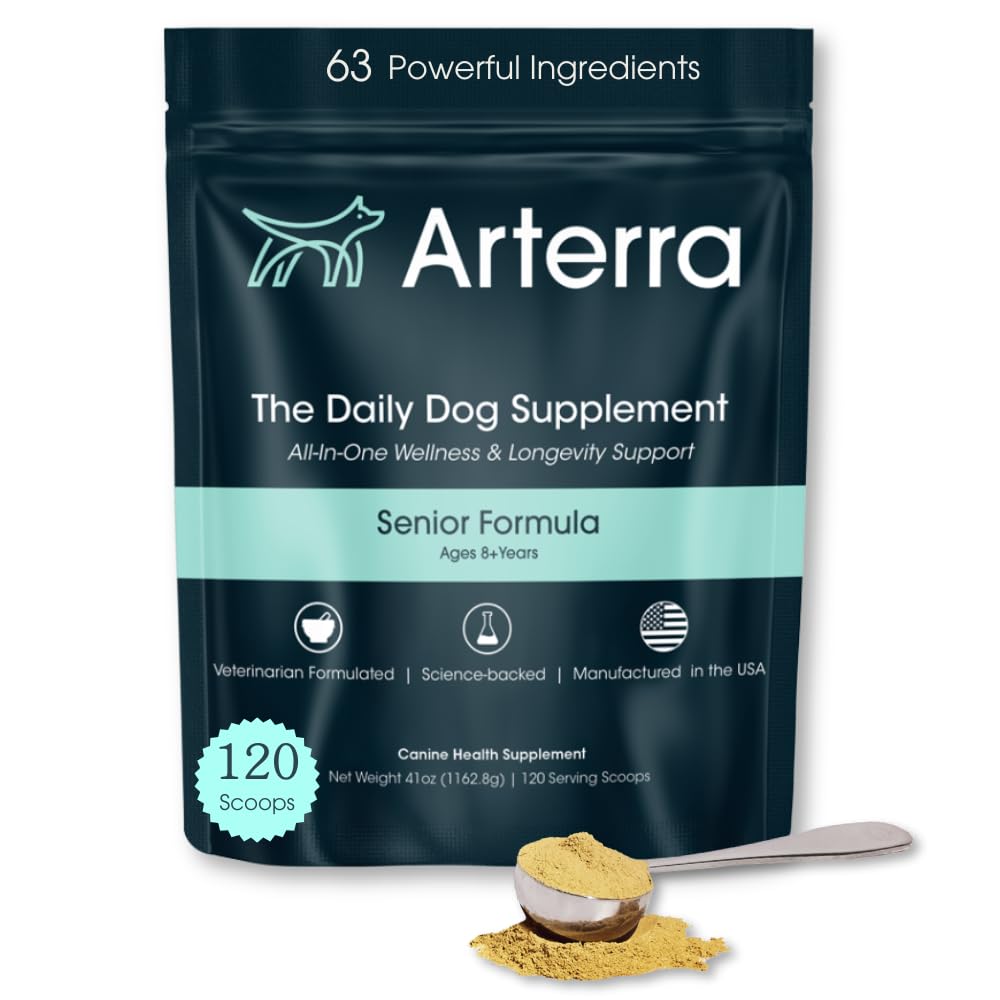 Supplemento della polvere del cane senior & Food Topper – 63 Ingredienti per la salute congiunta, del fegato, dell'immunità e del cervello – Multivitamina di longevità quotidiana con glucosamina, probiotici e olio di pesce | 120 Scoops