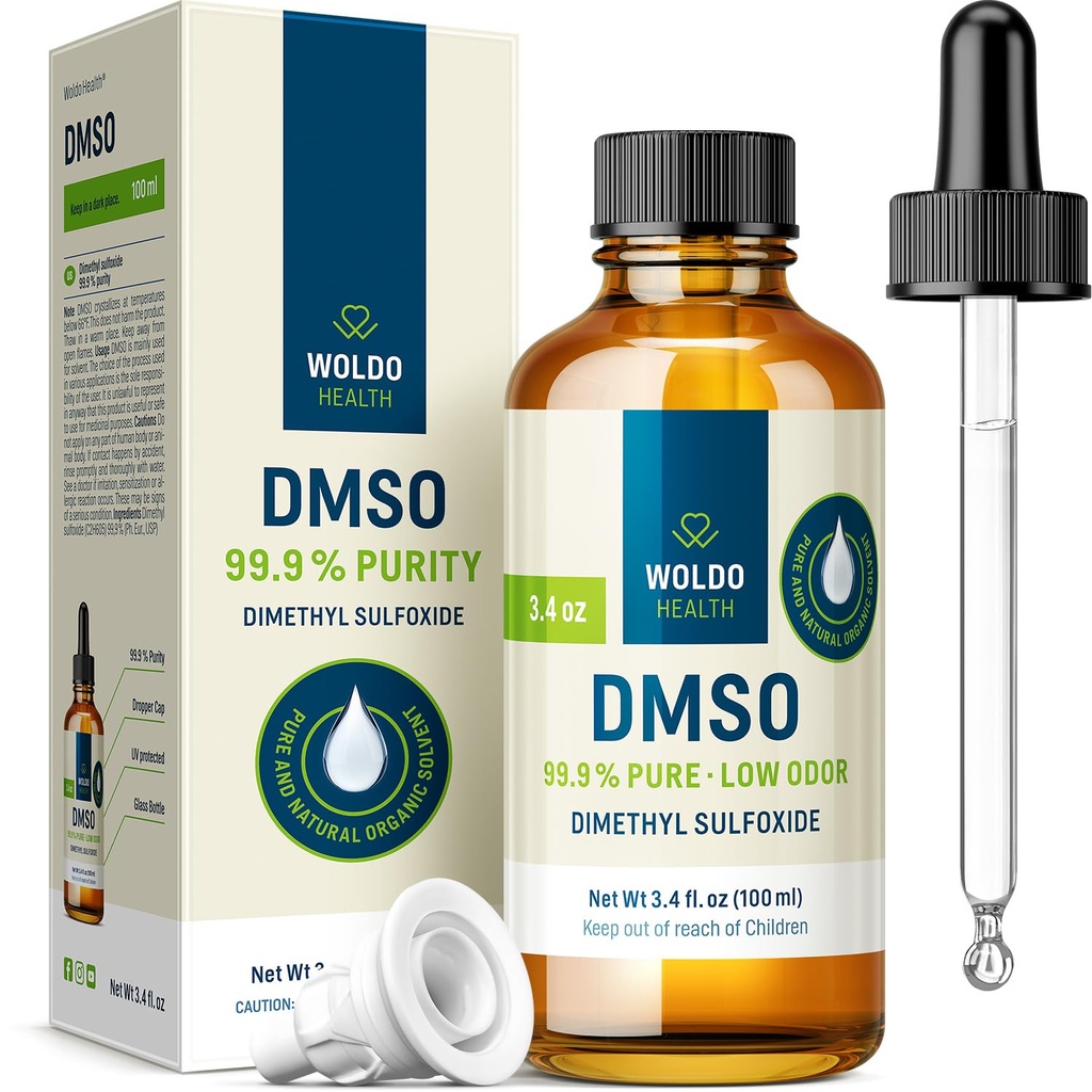 WoldoHealth DMSO 99.9% Grado farmaceutico - FT-IR Verified Dimethyl Sulfoxide, Low Odor Solvent in Glass Bottle with Precision Dropper (3.38 oz)