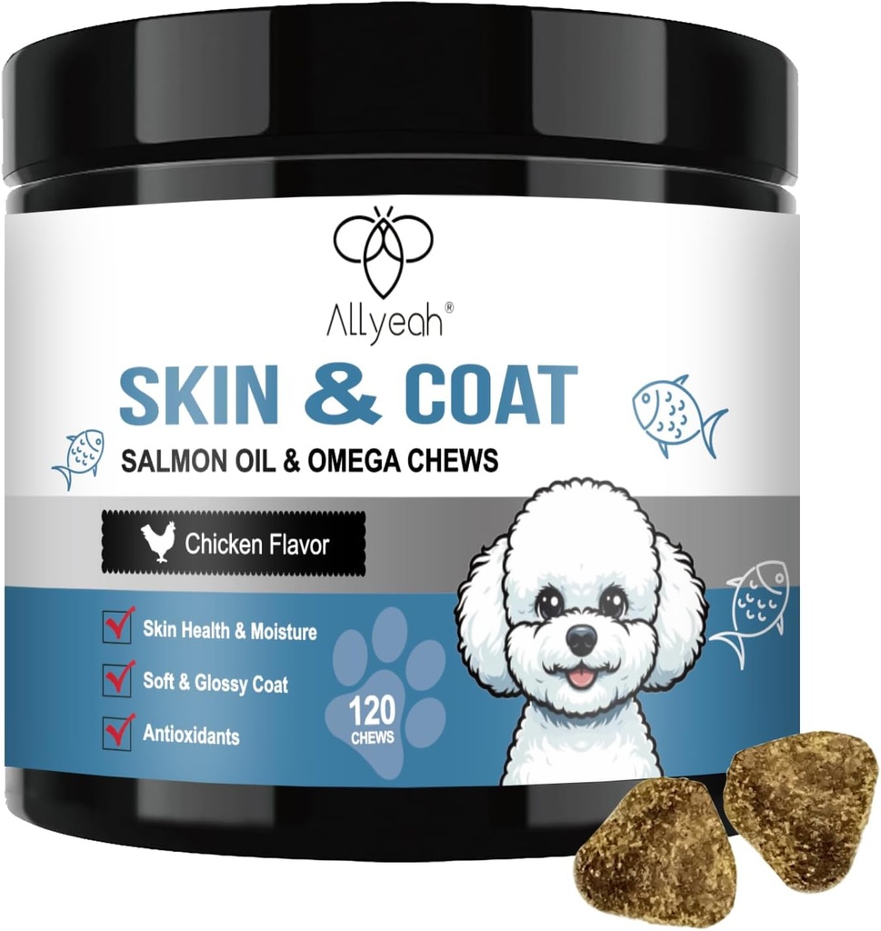 Omega 3 Fish Oil per cani, Salmon olio pelle e cappotto supplemento per cani Allergy Relief, Dry & Itching pelle trattamento sollievo, Allergy Chews - Cane Anti Shedding Treats - Shiny Coats - EPA & DHA