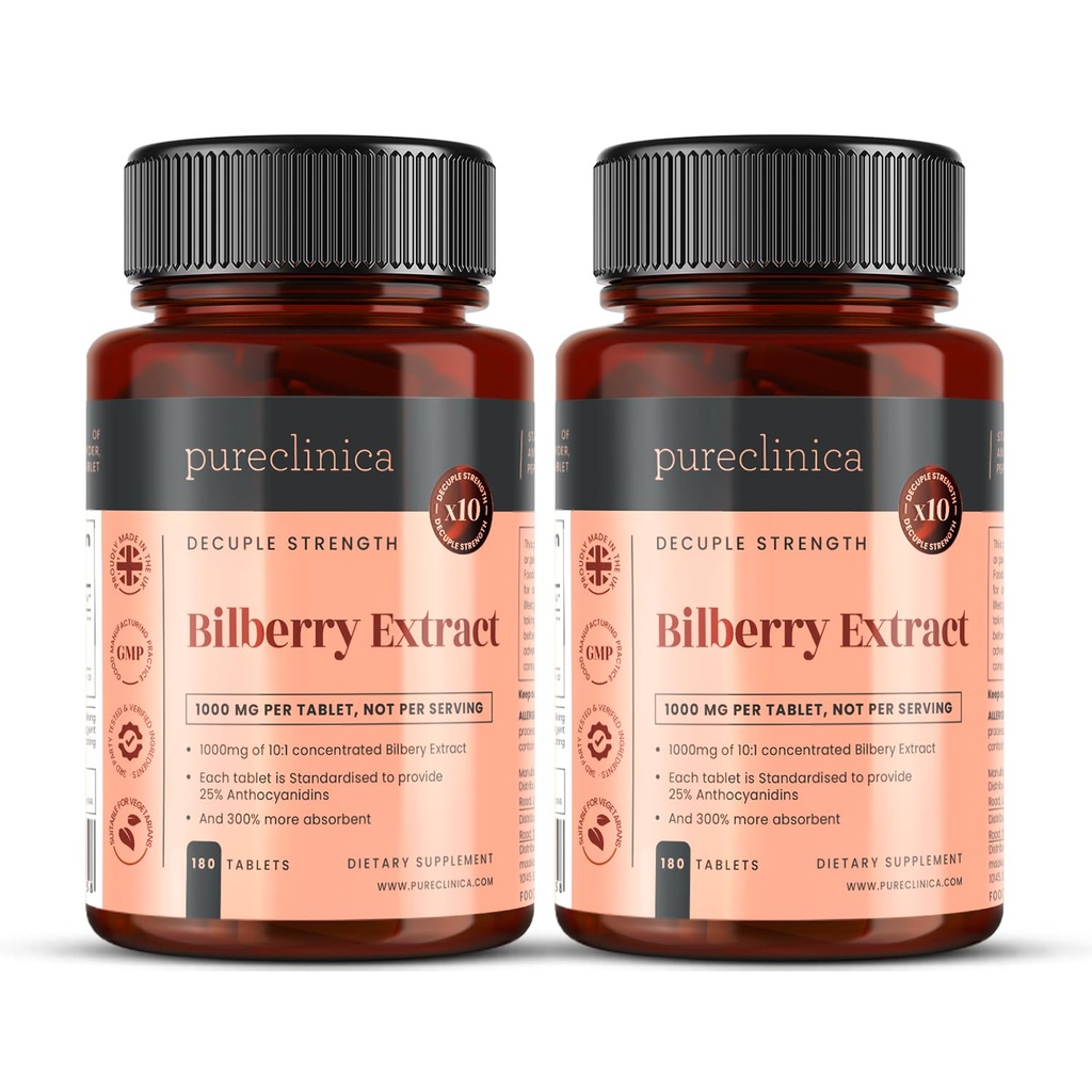 pureclinica Bilberry Extract 10.000mg x 360 compresse (2 bottiglie) - 10 X Più Anthocyanidins w/ 5mg Black Pepper Extract