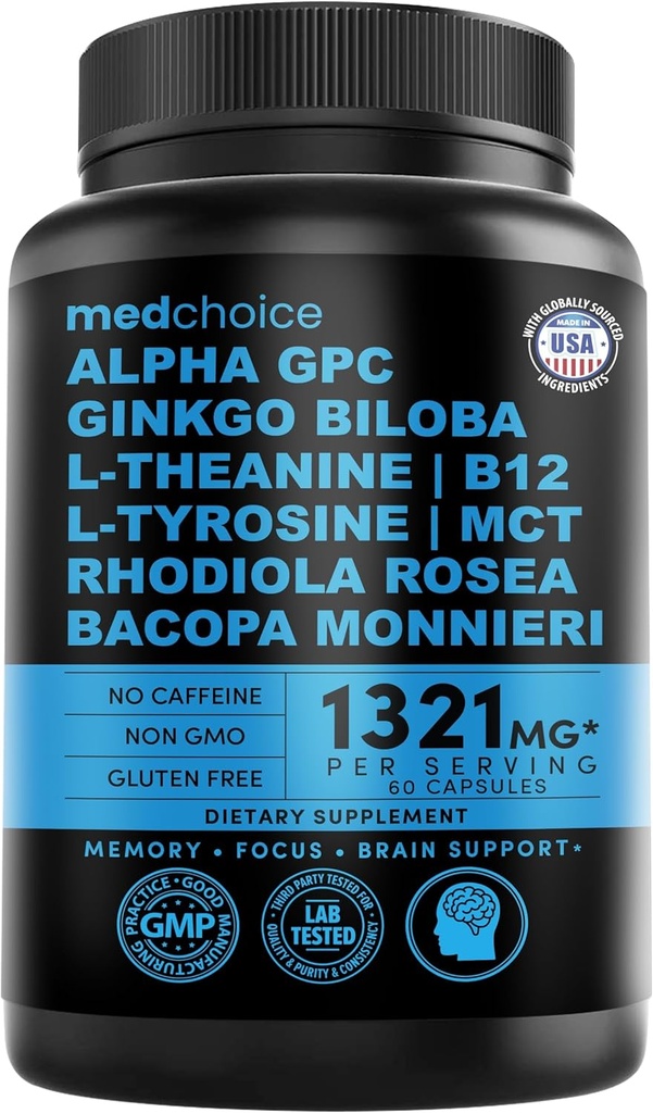12-in-1 Nootropic Ginkgo Biloba per il supporto del cervello, memoria e messa a fuoco - B12, Alpha GPC, L Theanine e Choline Integratori con Bioperine Non Caffeina 1321mg (60ct)
