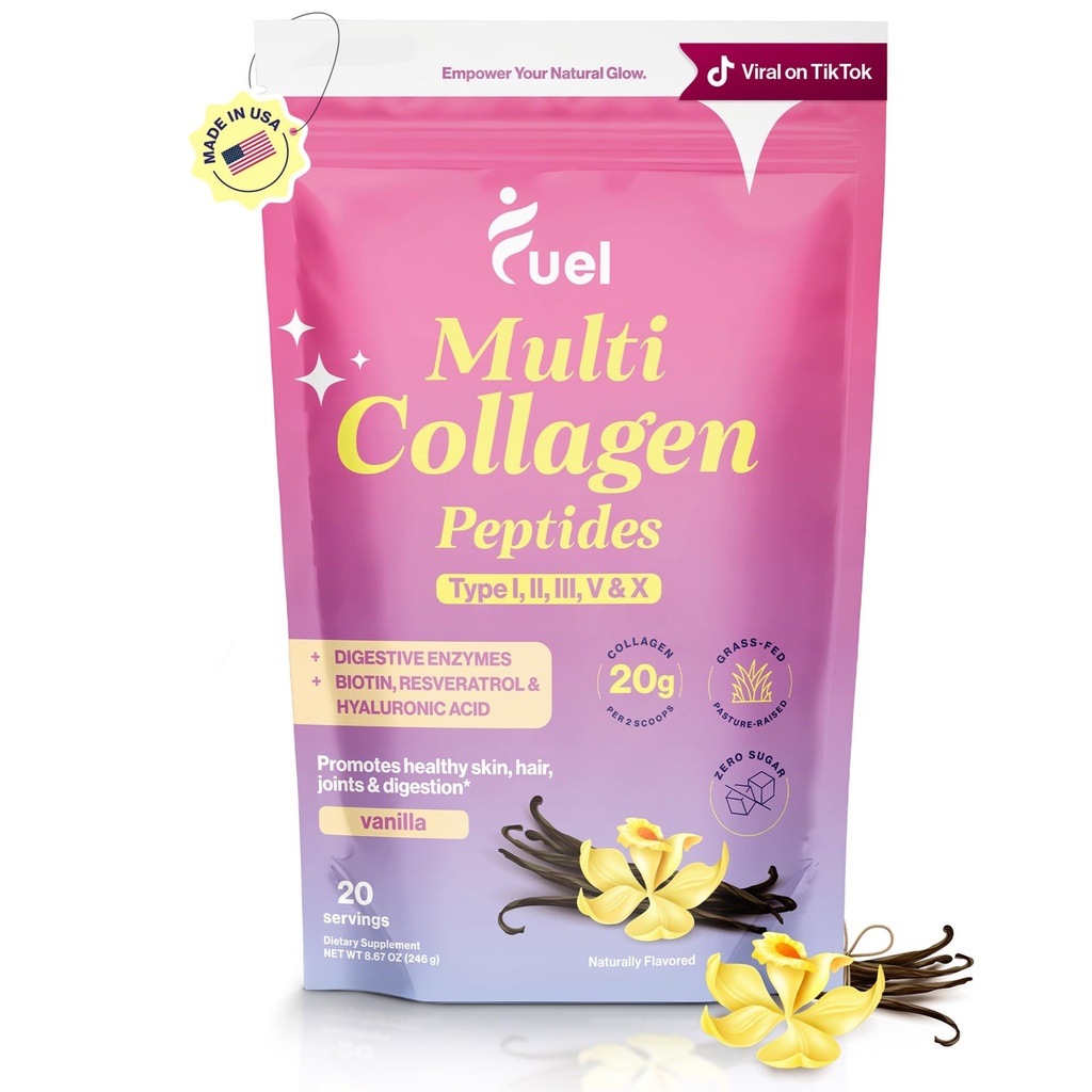 Carburante Multi Collagen Peptides Polvere – 20g Collagene idrolizzato I, II, III, V & X per capelli, pelle, unghie e supporto misto – Migliore assorbimento – Keto & Gluten Free, Vanila francese 8.67oz