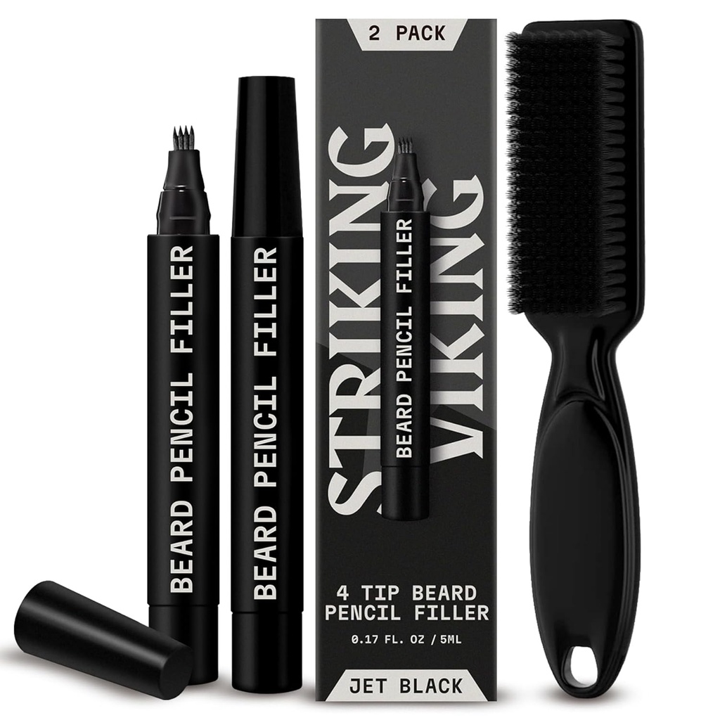 Cuscinetto Vichingo Filler Matita per Uomo - Confezione da 2, Jet Black - Impermeabile Matita Cuscinetto Lungo-Lasting - 4-Pronged Tip per Gap Riparazione & Barber Matita - Brush morbido Bristle & Pen Filler