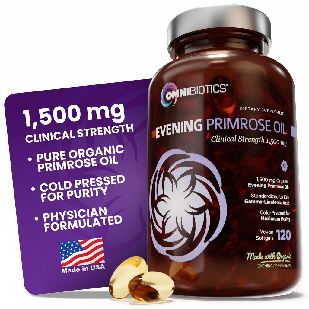 OmniBiotics Organic Evening Primrose olio per le donne – resistenza clinica 1500mg per capsula, 10% GLA, freddo-pressed, non OGM, equilibrio ormone per le donne – 120 Vegan Softgel capsule