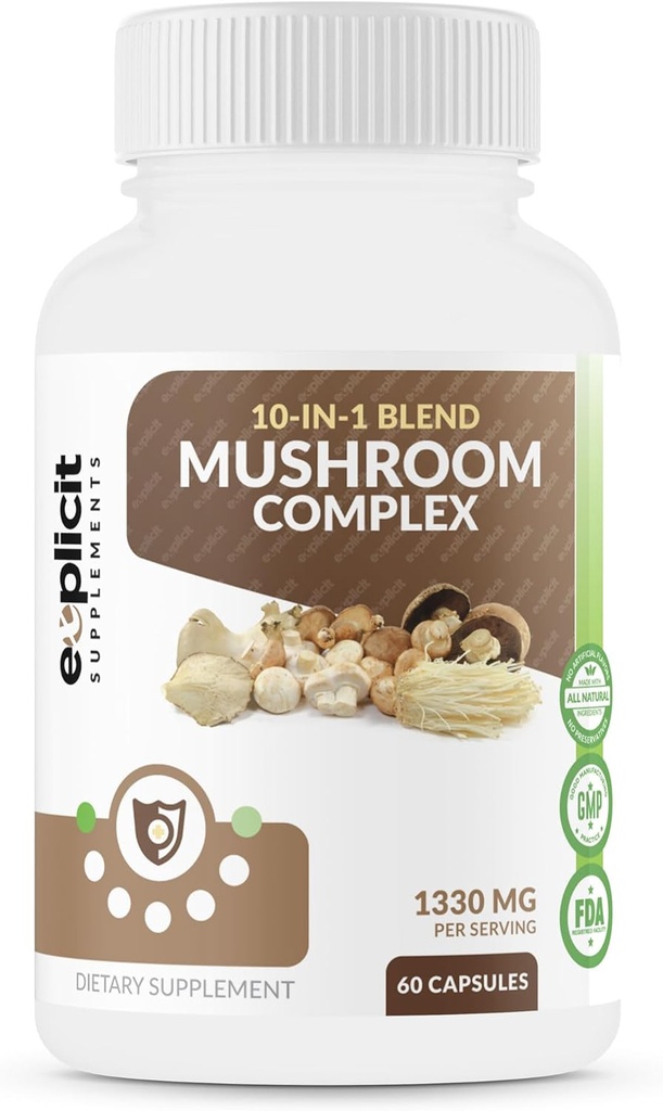 Integratore di funghi completo con 10 estratti di funghi e miscele (Cordyceps, Reishi, Shiitake, Lions Mane, Maitake, Tail Turchia, Chaga, Royal Sun, Pulsante bianco, Fungus nero Mushroom) - 60 caps