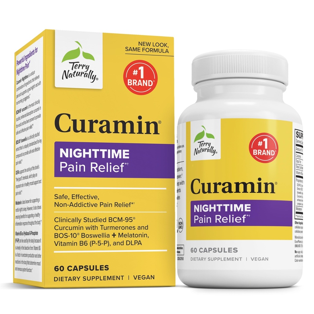 Terry Naturally Curamin Nighttime - Curcumin & DLPA Capsule Supplement - Non-OGM Supplemento per sostenere sonno sano e relax - Integratore di erbe con melatonina - 60 capsule
