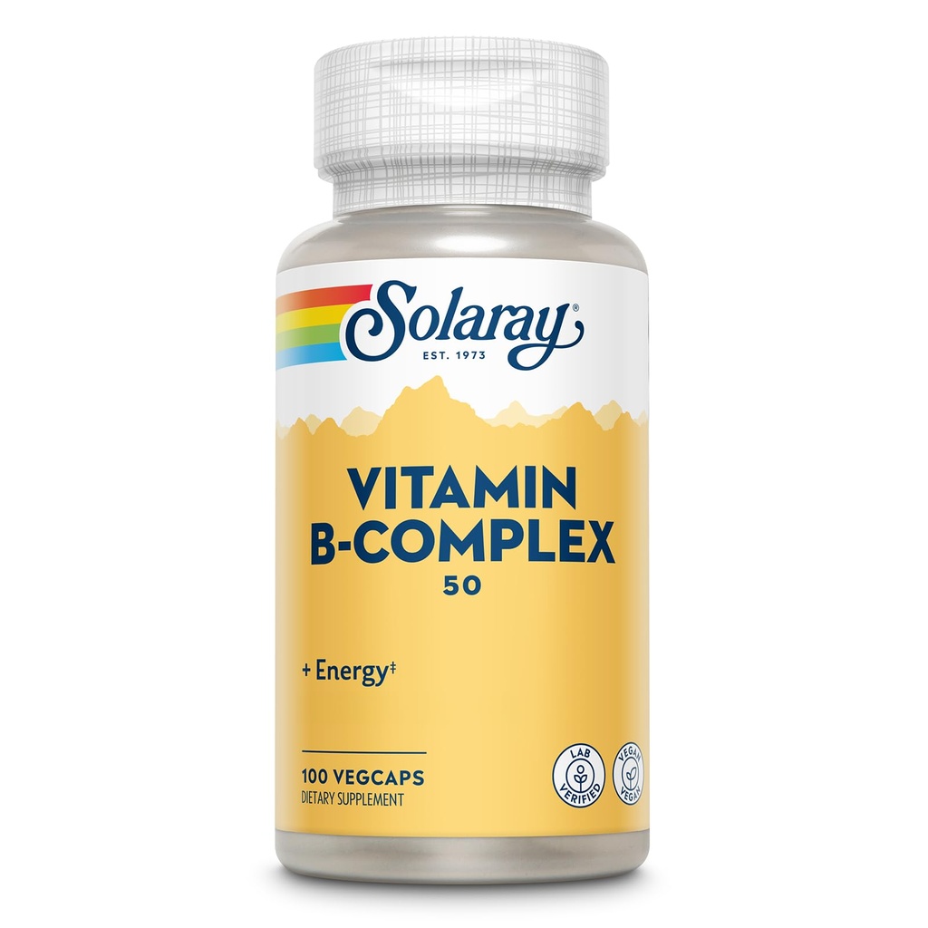 SOLARAY Vitamina B Complex 50 mg - Vitamine di energia cellulare - Metabolismo e Nerve Assistenza sanitaria con Vitamina B12, Vitamina B1, B6, Niacina, Acido Folico, Biotina e altre Vitamine B - Vegan, 100 VegCaps