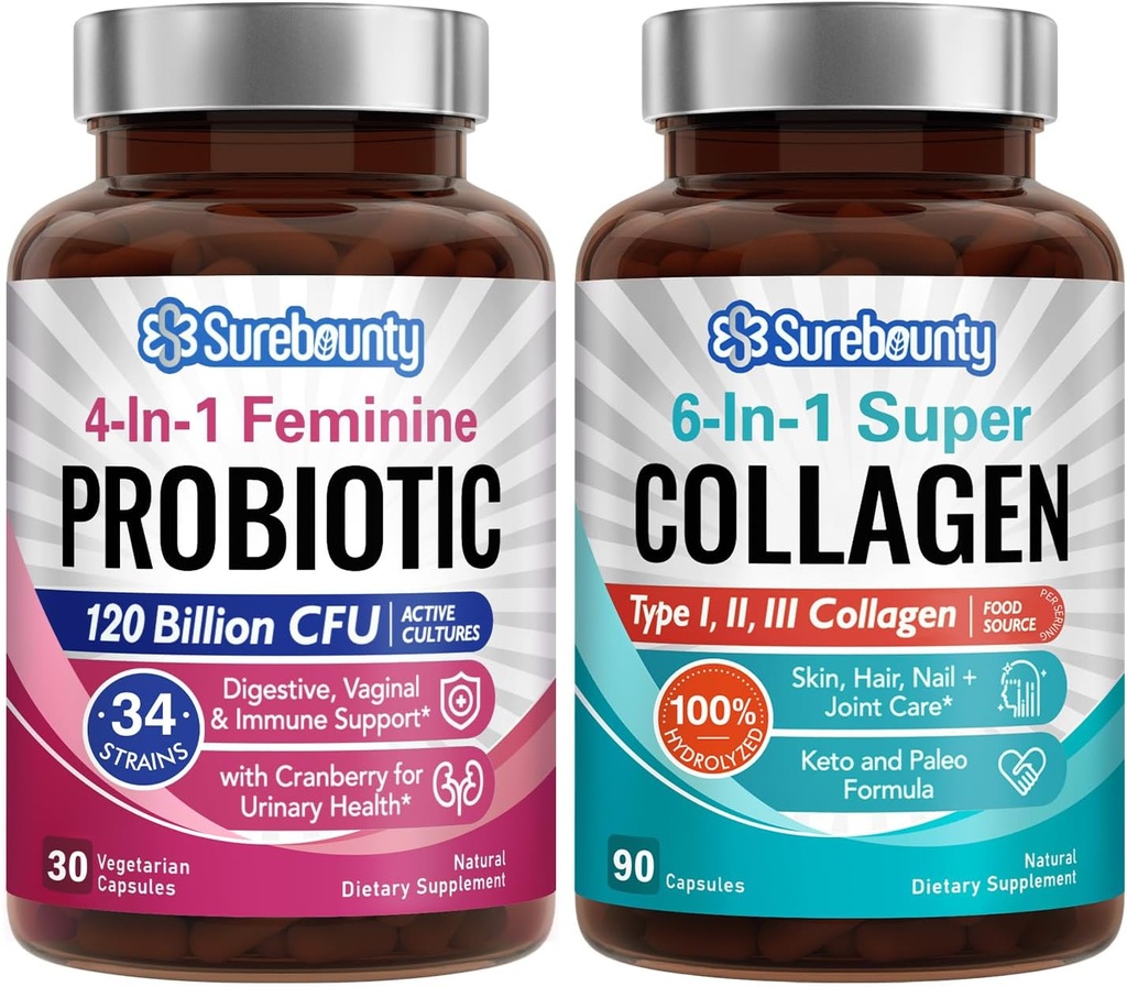 Probiotico + Collagene Bundle, 4-in-1 Femminile Probiotico (30ct) & 6-in-1 Super Collageno (90ct), 2 Pacchetti, Mirtillo, Supporto Digestivo & Salute, Non OGM