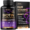 NUTRAHARMONY Biotin | Collagen | Acido ialuronico | Keratin - Support Normal Hair Growth Cycle - Skin & Nails - 25000mcg Vitamine B1, B2, B3, B6 & B7 - per Donne & Uomini - Made in USA | 60 Capsule