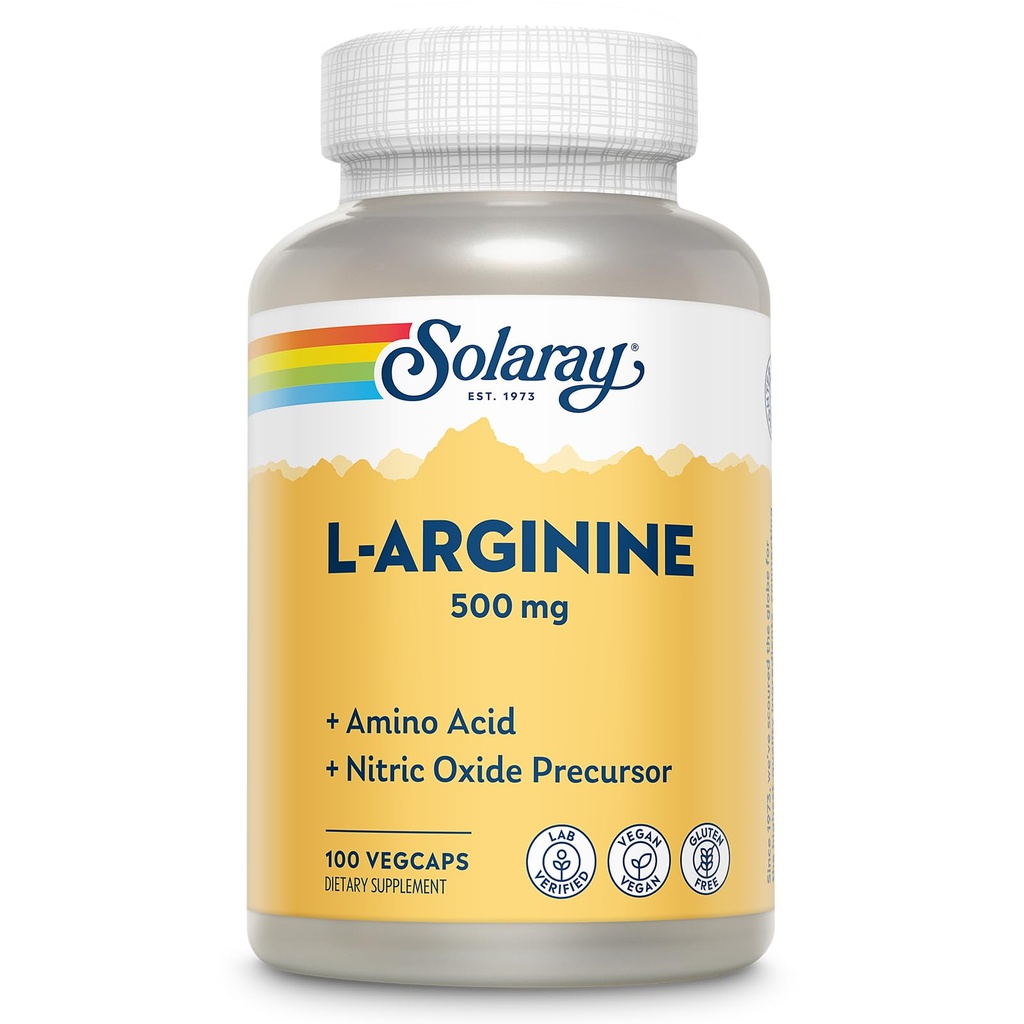 SOLARAY L-Arginina 500 mg, Nitric Oxide Supplemento, Endurance, Energy, Heart Health Support, 100 Servings, 100 VegCaps