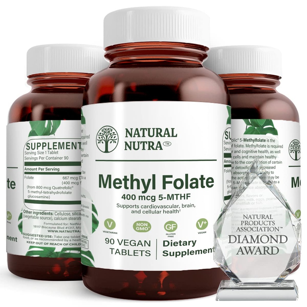 Nutra naturale attivo Methyl Folate supplemento con Quatre folic, il cuore di sostegno e la salute del corpo, aiuta la salute del cervello, migliora le vibrazioni positive, aiuta a ridurre Bone-Tired, B9, 90 Vegan compresse (pacchetto di 2)