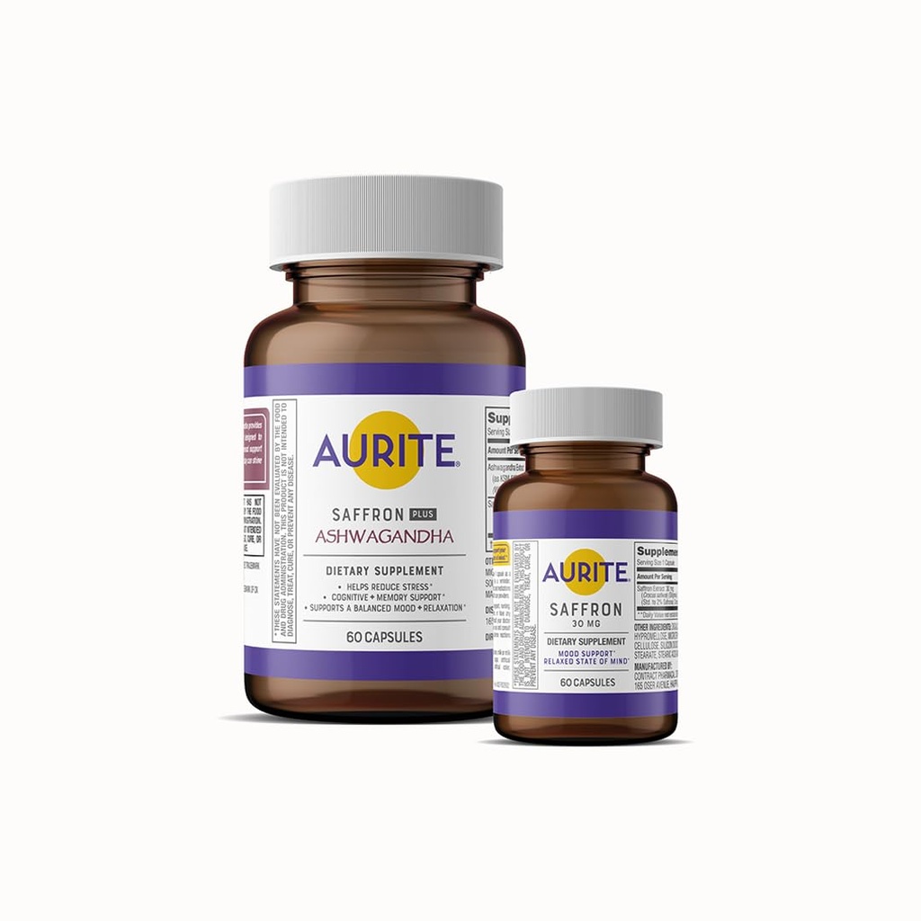 Saffron Ashwagandha & Saffron Supplement Bundle. Gestione dello stress, Supporto per l'umore, Memoria a lungo termine, Per vegetariani, Non OGM, Senza glutine, Soia-Free