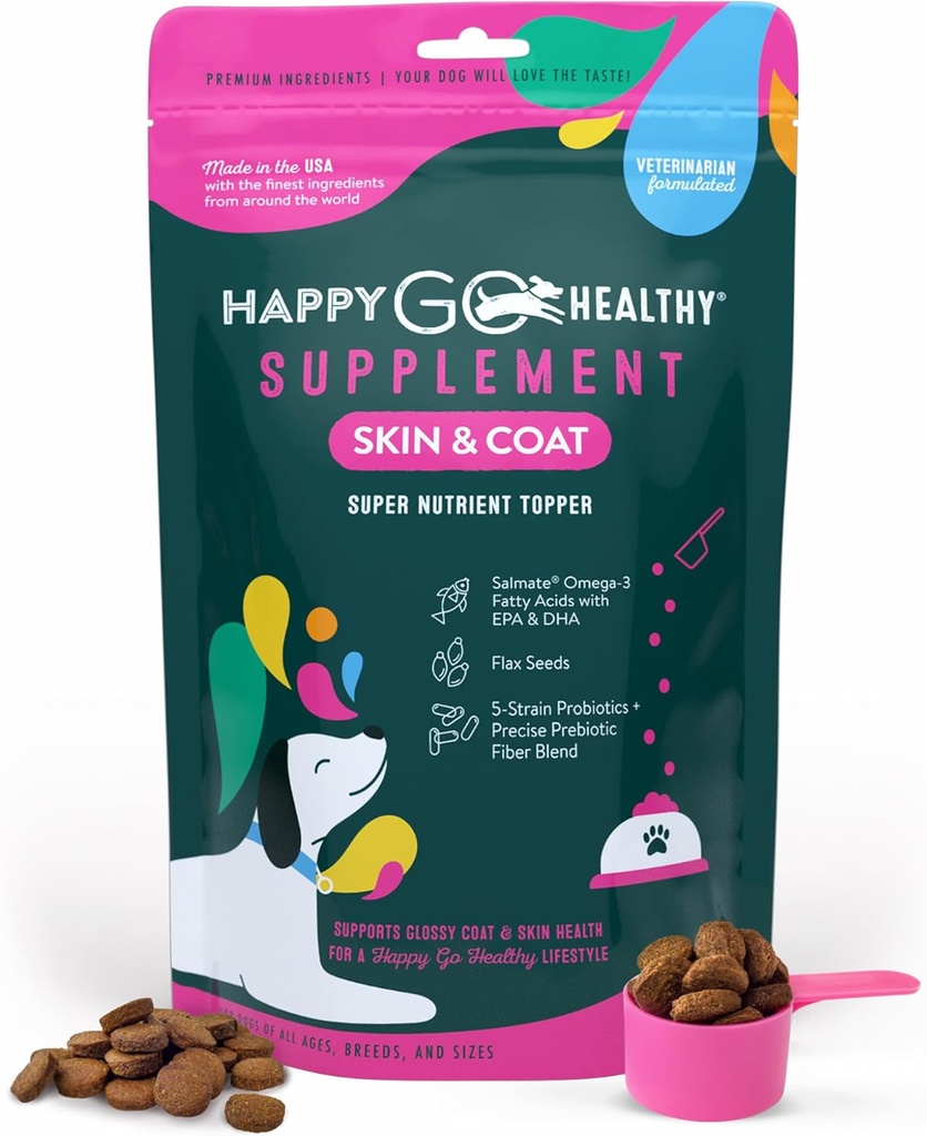 Skin & Coat Integratori per Cani | Cane Itching Skin Relief & promuove Shiny Skin Coat per Cani | Ricco in Omega 3 ingredienti naturali Tasty Kibble Dog Food Topper | 60 Count Pack