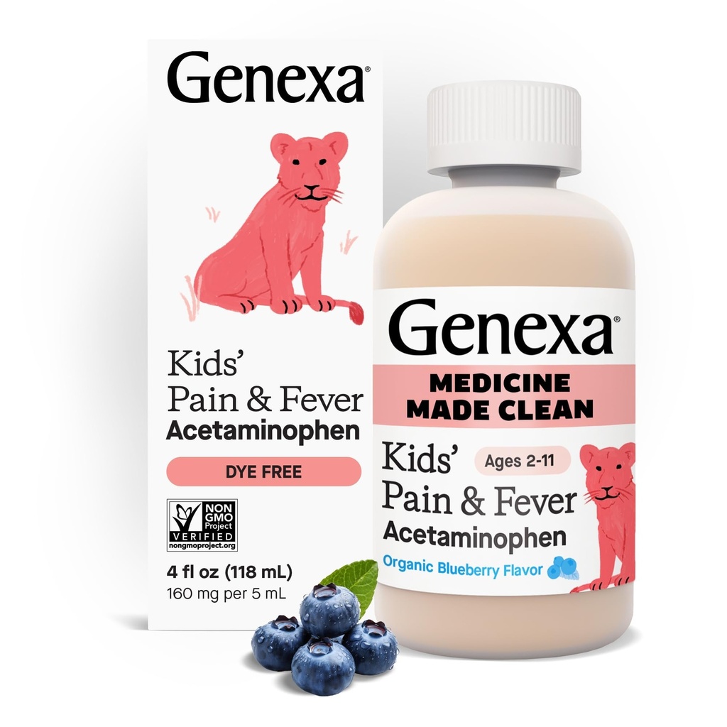 Acetaminofene Pulito dei bambini Genexa | Ingredienti Preferiti Pediatriciani | Riduttore di dolore e febbre per bambini | Dye Free, 0% Additivi artificiali | Età 2-11, Delizioso liquido di mirtillo biologico, 4 fl oz