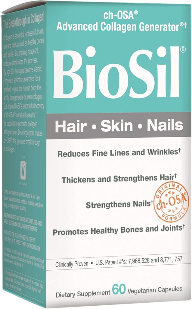 BioSil di Fattori Naturali, Capelli, Pelle, Unghie, Supporta la crescita sana e la forza, Collage Vegan, Elastin e Keratin Generator, 60 Capsule