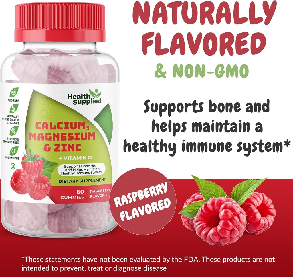 Calcio Magnesio & Zinco + Vitamina D Gummies | Bone Health Immune Health Energy and Muscle Function | Supplemento giornaliero dietetico di vitamina | per adulti, adolescenti | Fruttato Raspberry Flavor