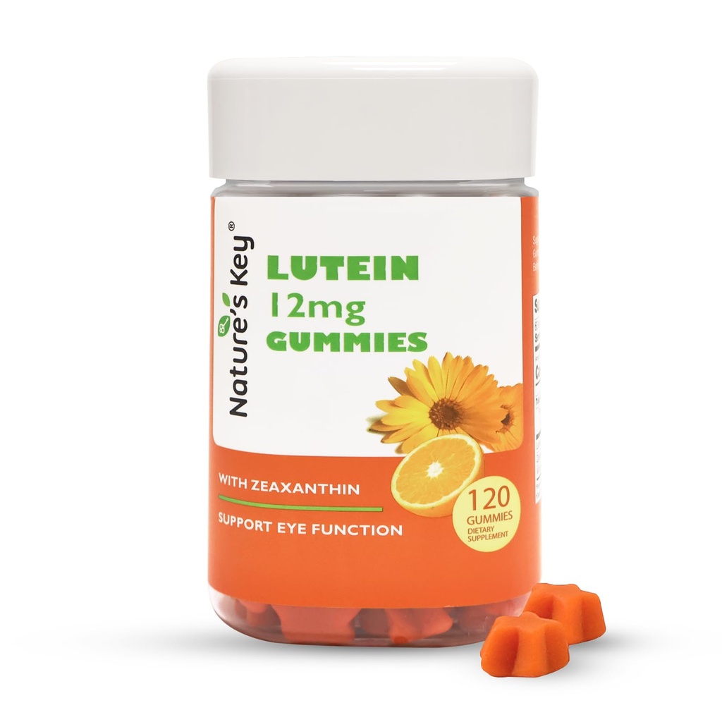 Gummie chiave della natura 12mg con Zeaxanthin & Vitamina A per bambini e adulti | Funzione di salute dell'occhio e del cervello Supplemento | Aroma arancione, 120Ct