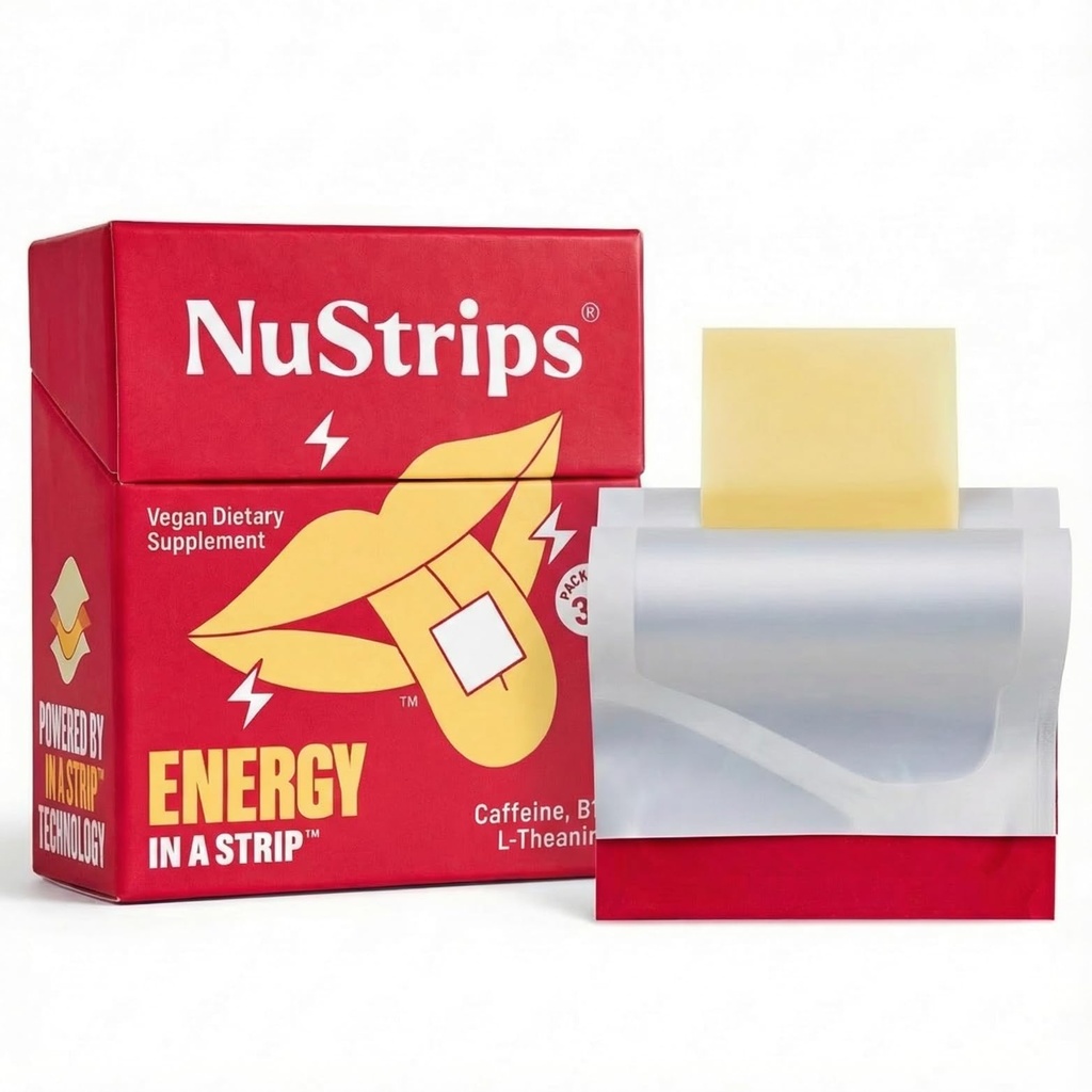 NuStripsTM Strisce di energia di dissolvenza rapida con 50 mg di caffeina, L-teanina e vitamina B12 – Energia istantanea e messa a fuoco senza Jitters o Crash – funziona più veloce del caffè – Cannella di lenitiva (30 Pack)
