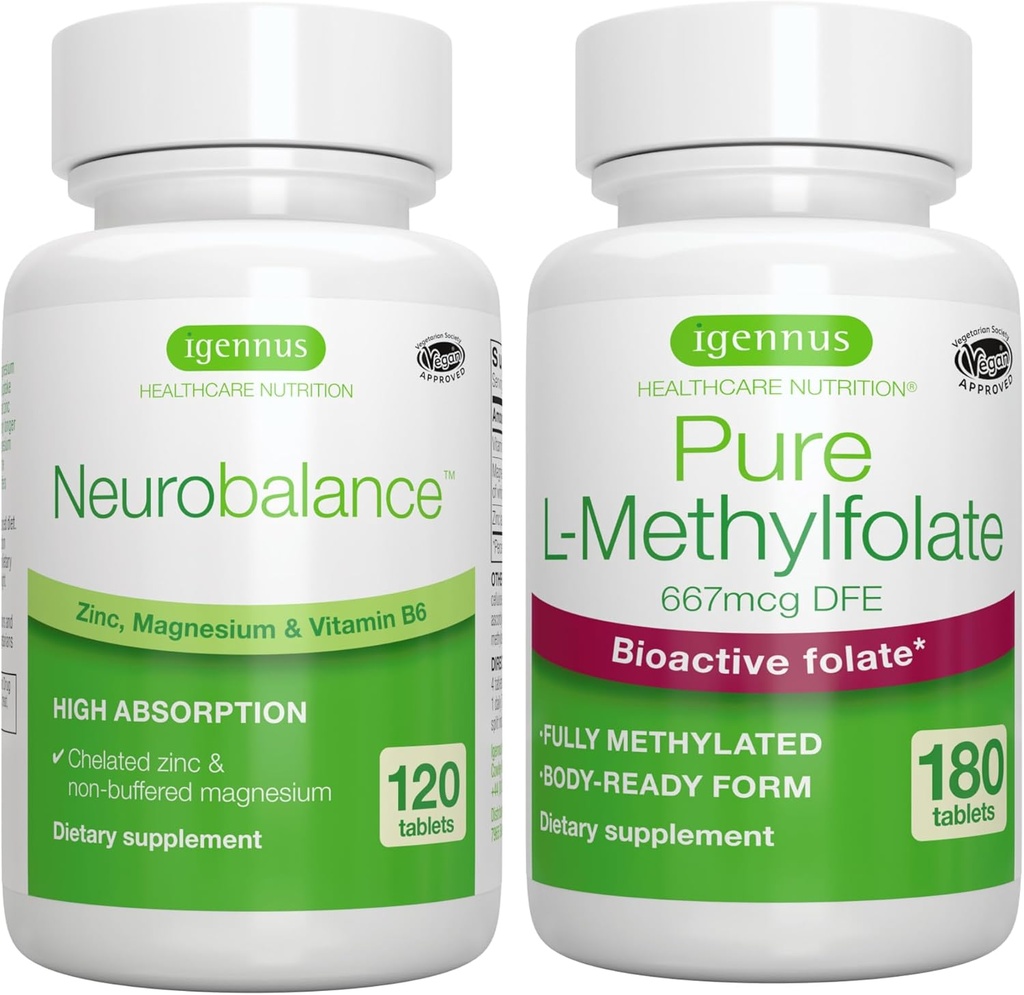 Neurobalance Zinco, Magnesio & Vitamina B6 + Pure Folate 400mcg Vegan Bundle, Zinco Chelato Picolinato 24mg, Magnesio Senza Ossido & Vitamina B6 + L-metilfolato ottimizzato, di Igennus