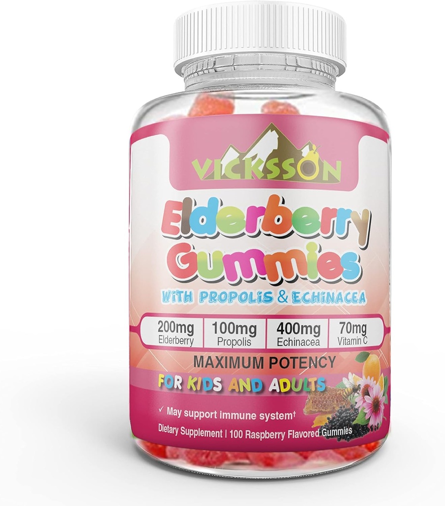 Black Sambucus Elderberry Gummies con Propolis & Echinacea + Vitamina C Antiossidante Flavonoidi Sistema immunitario Booster per Kid & Adult Vegan Friendly | Raspberry aromatizzato. 100 Conte