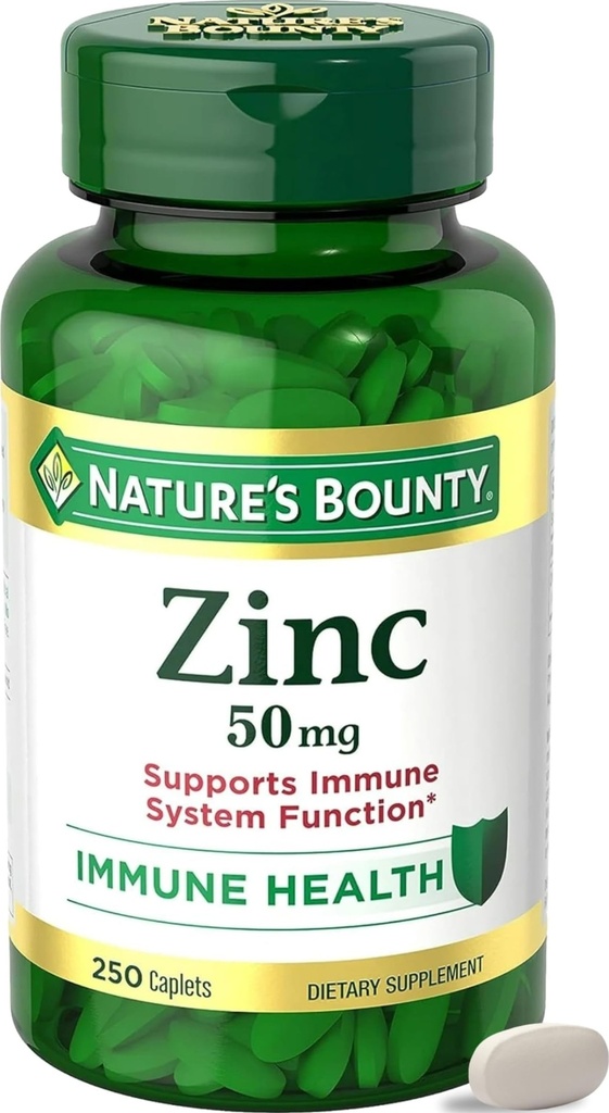 Natura Bounty Zinc 50mg, Supporto Immune & Supplemento Antiossidante, promuove la salute della pelle, 1 Caplet al giorno, senza glutine, 250 Caplets vegetariani