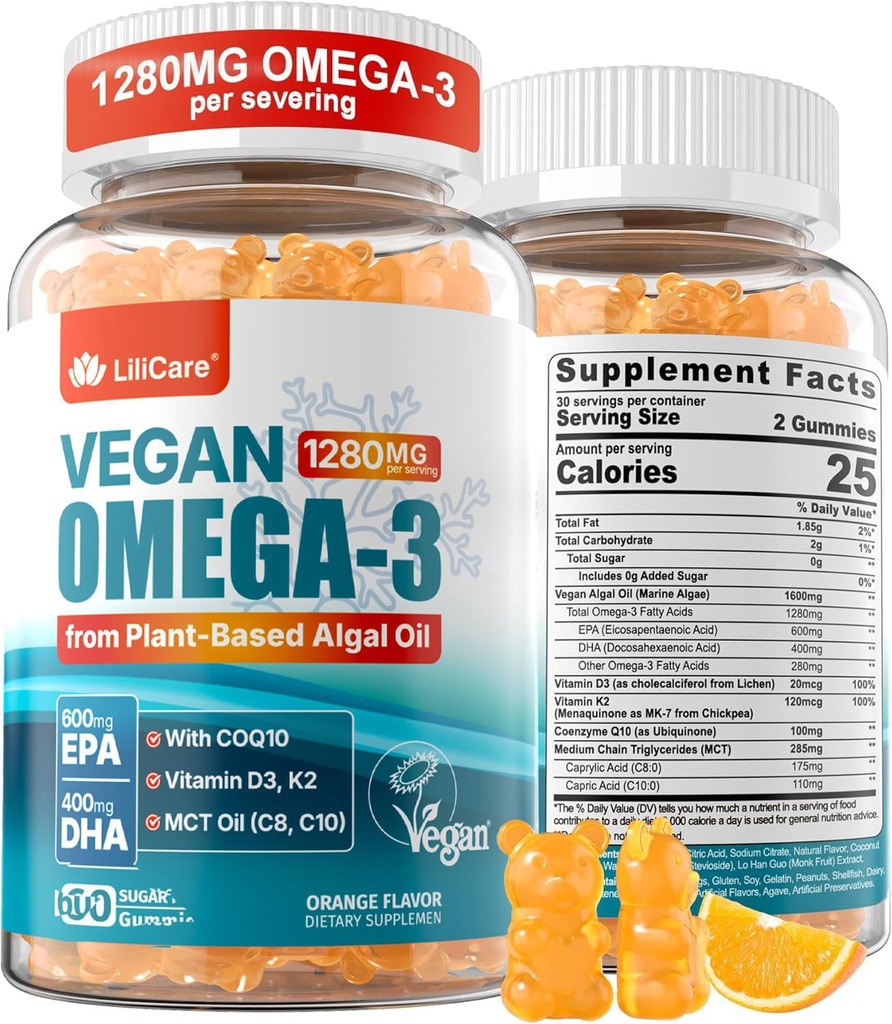 Vegan Omega-3 Gummies 1280mg + COQ10 + vitamina D3 K2 (MK7), Omega 3 Fish Oil alternativa per gli adulti w/EPA 600mg DHA 400mg & MCT Olio, nessun gusto di pesce da alghe marine, per cervello, occhio, immunità, 1 confezione