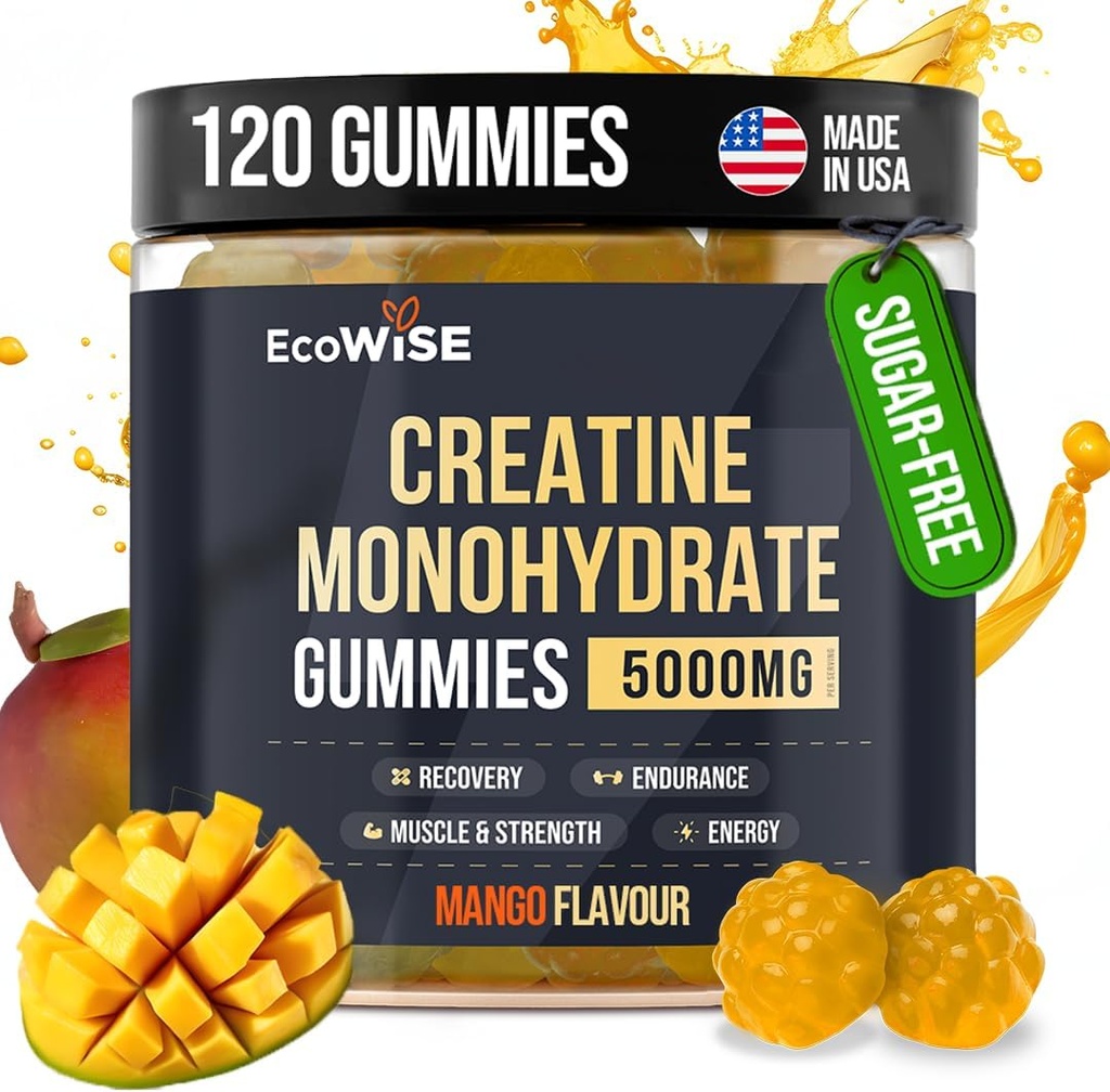 EcoWise Wellness Creatine Monohydrate Gummies 5000 mg, Mango Flavor, 120 Chews vegani senza zucchero, supplemento di creatina per la routine quotidiana
