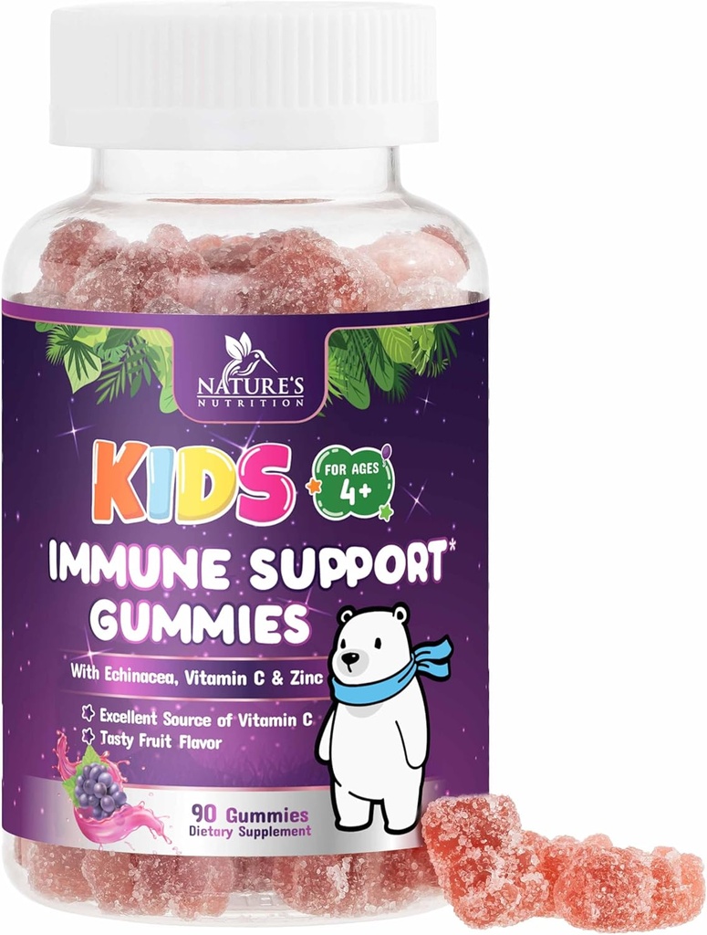 Gummie di sostegno immunitario per bambini - Vitamina C, Zinc & Echinacea, Gummie di sostegno della salute immunitaria per bambini per età 4 e superiore, Vitamine di natura per bambini, Vegan & Non-GMO, Gummie di bacche - 90 Gummies