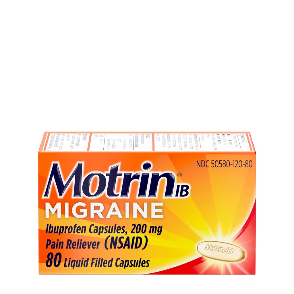 Motrin IB Migraine Relief Liquid Gel Capsule con 200 mg Ibuprofene per Capsule, Medicina di mal di testa di migrazione veloce ed efficace con NSAID Pain Reliever Ibuprofen, Caffeine-Free, 80 ct