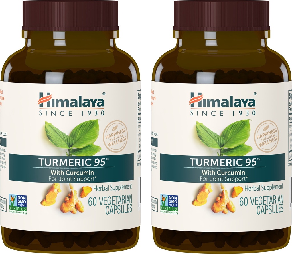 Himalaya Turmeric 95 Integratore con Curcumina/Curcuminoidi, Supporto congiunto e muscolare, Flessibilità ottimale e mobilità, 600 mg, Non OGM, Vegan, Gluten Free, 60 capsule, 2 Pack, 60 giorni di alimentazione